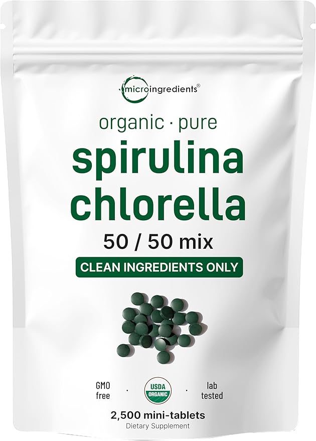 Micro Ingredients Organic Spirulina Chlorella Mini Tablets 2500 Tablets (8 Month Supply) | 50/50 Blend Superfood | Cracked Cell Wall for Better Absorption | Rich in Vegan Protein &amp Chlorophyll