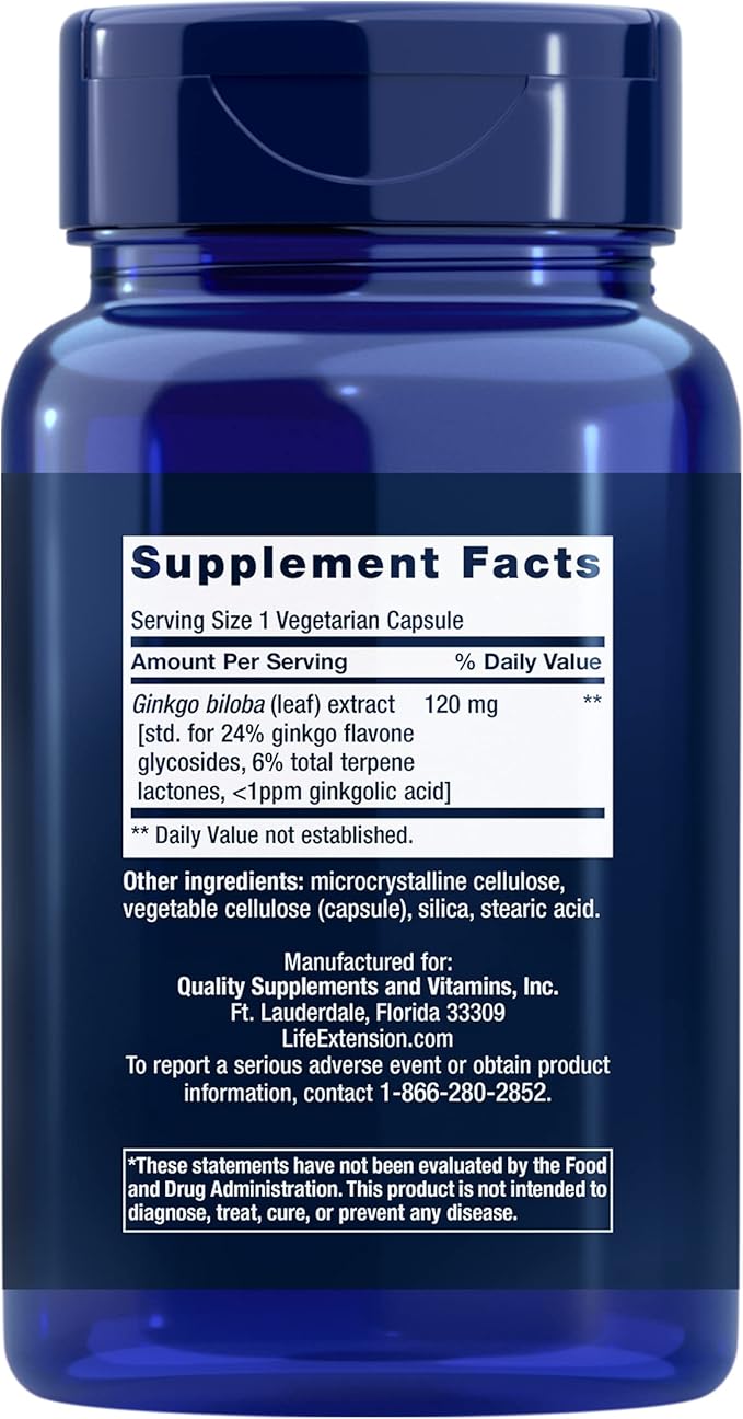 Life Extension Ginkgo Biloba Certified Extract™ 120 mg Helps Maintain Memory &amp cognition Gluten-Free Non-GMO Vegetarian 365 Capsules