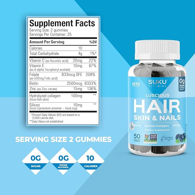 SUKU Vitamins - Luscious Hair - Silicon Biotin and Hydrolyzed Marine Collagen Gummies for Skin Hair &amp Nails - Easy to Chew - Non GMO Gluten Sugar Free - Blueberry Flavored Gummy Vitamins - 50 Co