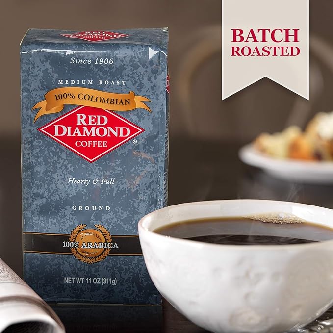 Red Diamond Ground Coffee 100% Colombian Medium Roast Premium Arabica Beans Hearty &amp Full Flavor 11 Ounce Resealable Bags (4 Pack)