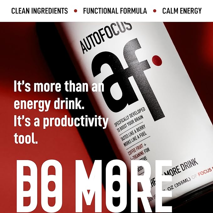 AUTOFOCUS Functional Energy Drink - Natural Focus Drink with Coffee Fruit &amp L-Theanine - Clean Caffeine Brain Booster - No Added Sugar. Productivity Energy Drink for Work &amp Study - Black Curra