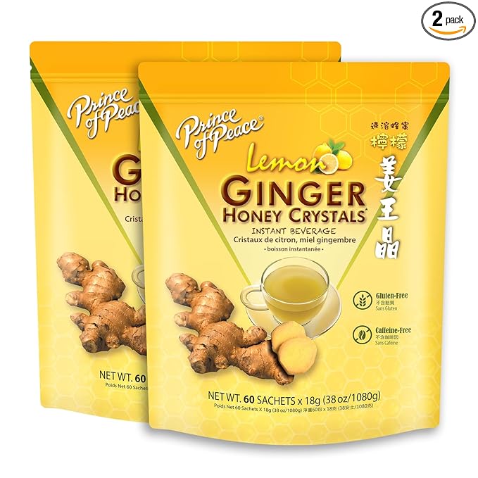 Prince Of Peace Instant Ginger Honey Crystals with Lemon 60 Sachets - Pack of 2 – Instant Hot or Cold Beverage That Soothes Throat – Easy to Brew – Drink Like a Tea – Gluten Free – Real Ginger