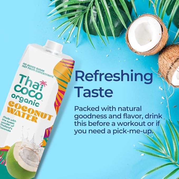 Thai Coco Organic Coconut Water No Sugar Added No Artificial Ingredients Natural Electrolytes 100% Pure Not from Concentrate - 33.8 fl. oz. (6 Pk)