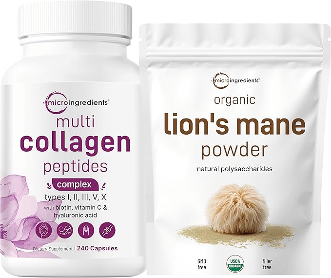 Micro Ingredients Multi Collagen Complex &amp Lions Mane Mushroom Supplement Powder Bundle 2 Pack | Grass-Fed Collagen Peptides | Natural Superfood for Brain Energy &amp Immune Health