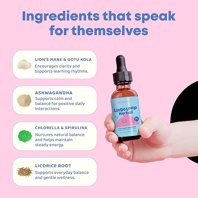 JoySpring Lions Mane for Kids Liquid Drops | LingoLeap Kids Cognitive &amp Brain Support Herbal Supplement | Lion’s Mane Mushroom with Gotu Kola &amp Ashwagandha |Raspberry Flavor| 30 Servings