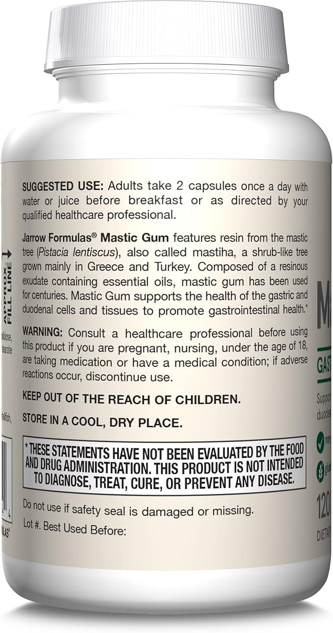 Jarrow Formulas Mastic Gum 1000 mg - 120 Veggie Caps - Mastic Gum Capsules Supporting Stomach and Duodenal Health - 60 Servings