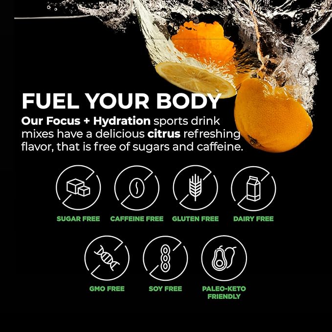 BrainTree Nutrition - Focus + Hydration - Electrolyte Drink Mix - Total Body Hydration - Supports Cognitive Function Energy &amp Muscle Recovery - Sugar Free - Citrus - 30 Stick Packs