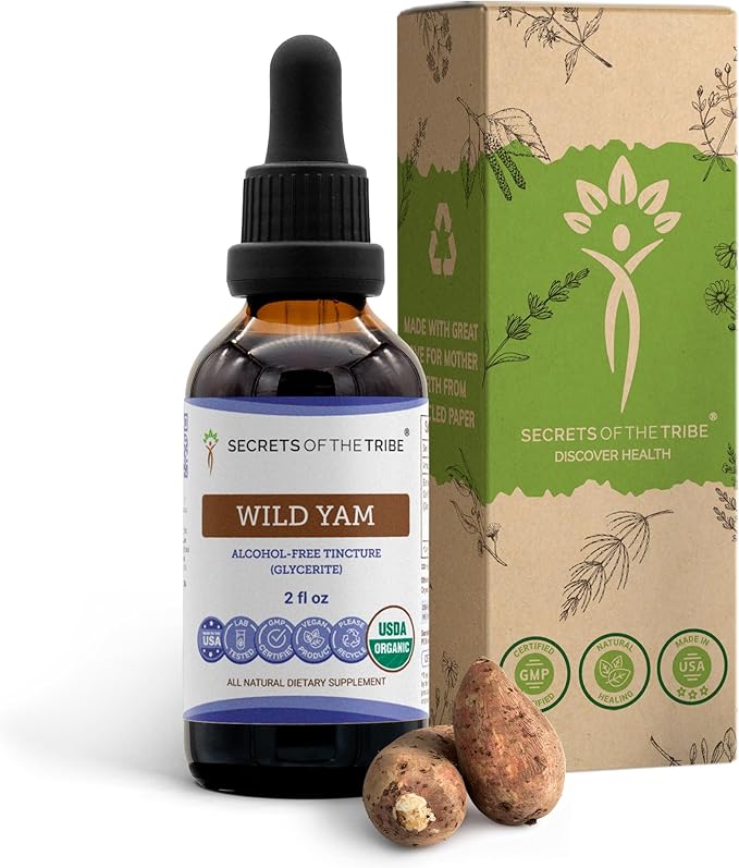 Secrets of the Tribe Wild Yam Alcohol-Free USDA Organic Tincture (Glycerite) 695 mg Responsibly farmed Wild Yam (Dioscorea Villosa) Dried Root (2 Fl Oz) Hormone Support Supplement