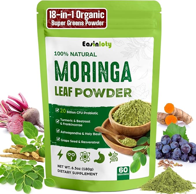 Moringa Powder Organic 2000MG 18 in 1 Moringa Oleifera Leaf Powder with Ashwagandha Rhodiola Turmeric Probiotics for Energy Mood* - Green Superfood - 60 Servings