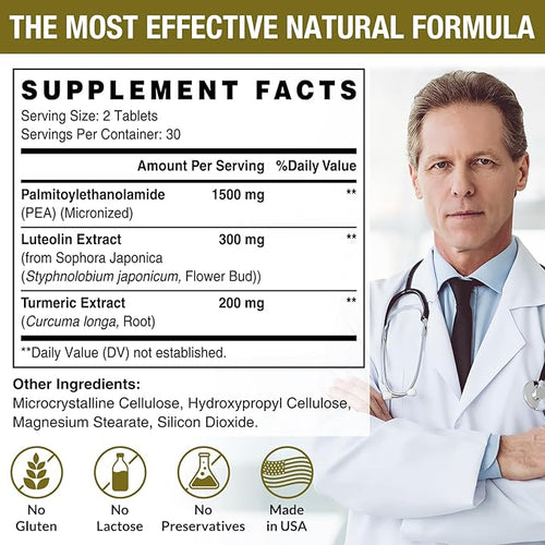1500 MG Palmitoylethanolamide with Luteolin 98% &amp Turmeric High Absorption Micronized Pea Supplement for Discomfort Management- USA Made - 60 Tablets