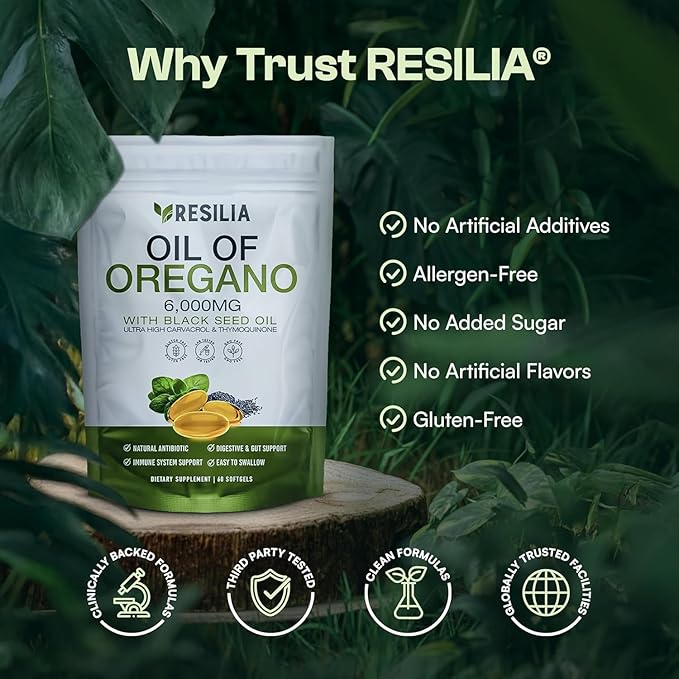 Resilia Softgels with Black Seed Oil 6000mg – Organic Oregano Oil Capsules for Immune &amp Digestive Support – Non-GMO Gluten-Free Softgels – Natural Herbal Wellness Supplement (60 Count)