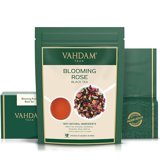 VAHDAM Blooming Rose Black Tea - Premium Black Tea with Rose Petals (3.5oz) DELICIOUS &amp AROMATIC Black Tea Loose Leaf with Fragrant Rose Petals | Vacuum Sealed Pack