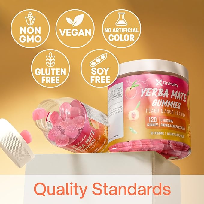 60 Yerba Mate Gummies – SuperFocus &amp Energy Support – Formulated with Yerba Mate Extract L-Theanine Rhodiola Ginseng Choline B12 – Peach Mango Flavor – Vegan Gluten-Free Non-GMO