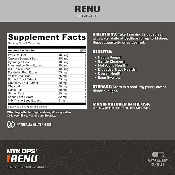 MTN OPS Renu for Gentle Digestive Cleanse Psyllium Husk Powder for Digestive Health &amp Metabolism Booster 60 Capsules 30 Servings
