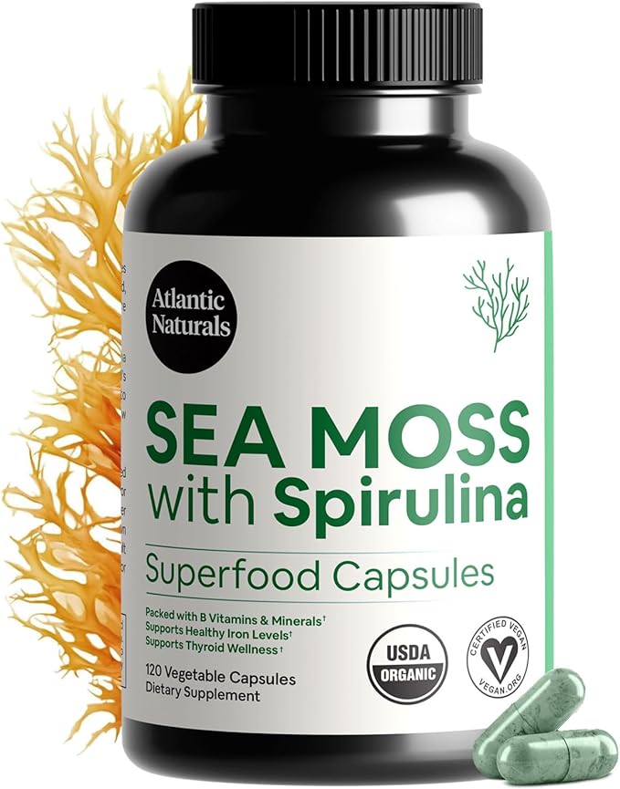 Atlantic Naturals Sea Moss with Spirulina Superfood Capsules - Multivitamin Supplement Supports Healthy Iron and Immune Health Alternative to Seamoss Gel and Powder - Irish Sea Moss Capsules (120 ct)