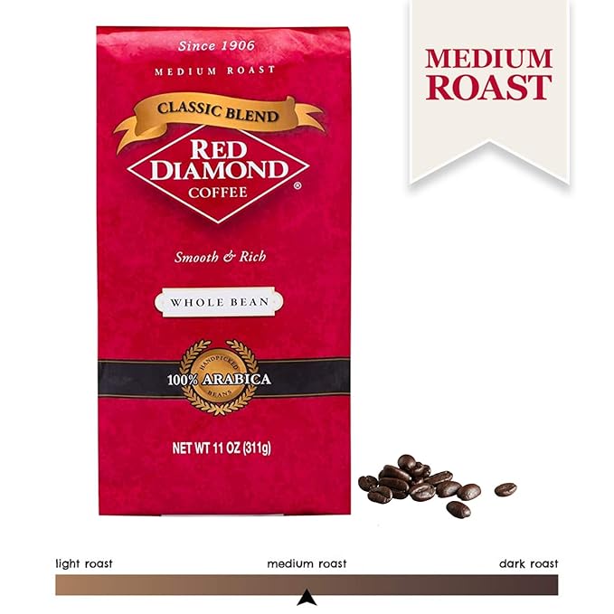 Red Diamond Whole Bean Coffee Classic Blend Medium Roast Premium Arabica Whole Beans Smooth &amp Rich Flavor 11 Ounce Resealable Bag