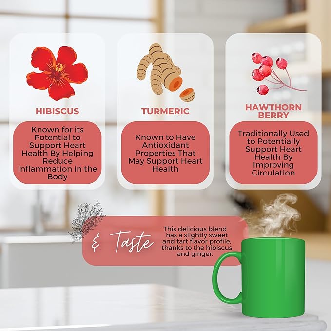 Healthy Heart Loose Leaf Tea w/ Hibiscus Ginger Turmeric | Organic Herbal Tea | 2 oz (57 gram) | Decaf Vegan Healthy ZERO Caffeine Organic Herbs No Natural or Artificial Flavors Resealable Ba