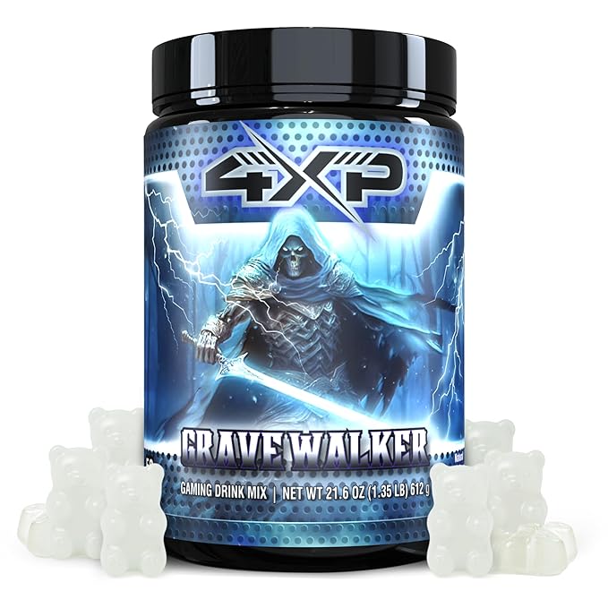 4XP Gravewalker White Gummy Gaming Energy Drink Mix| Low-Caffeine Nootropic Powder with B Vitamins &amp White Gummy Flavor for Gamers | 50-Serving Container