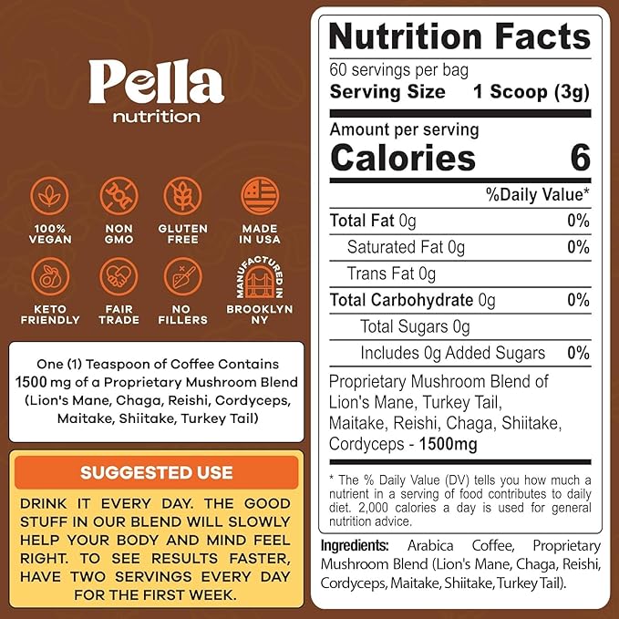 Low-Caffeine Mushroom Coffee (60 Servings) – Superfood Great Tasting Instant Coffee – Includes Lion's Mane Reishi Chaga Cordyceps Shiitake Maitake and Turkey Tail Mushroom Supplement