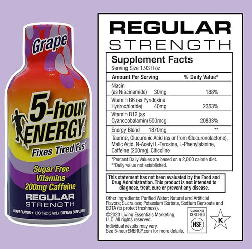 5-hour ENERGY Regular Strength Energy Shot 1.93oz 20-Pack – Sugar Free Caffeine Energy Booster with B-Vitamins &amp Amino Acids – Zero Calorie (20 Bottles – Single Flavor Grape Regular Strength)