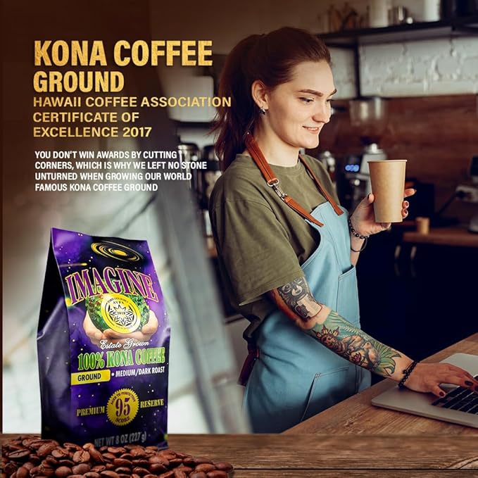 Imagine Kona Organic Coffee Beans | Arabica Kona Beans | Top Grade Air Roasted | Medium Dark Roast | Organic Whole Bean (Ground 8 ounce)
