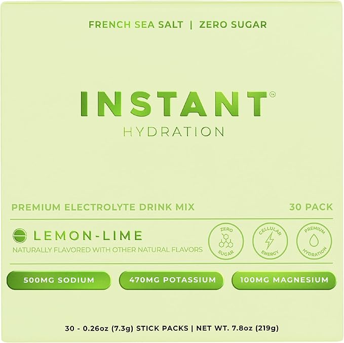 Instant Hydration Electrolytes Powder Packets - Lemon Lime Drink Mix - Zero Sugar - Keto Vegan Gluten-Free Non-GMO - Boost Recovery Brain Health Muscle &amp Tissue Support- 30 Sticks