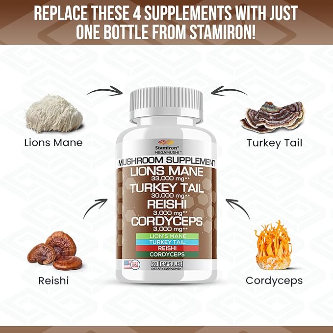 Stamiron Lions Mane Supplement Turkey Tail Mushroom Capsules with Cordyceps Extract &amp Reishi Mushrooms - Alt to Mushroom Gummies Mushroom Powder Mushroom Coffee - 90 Count