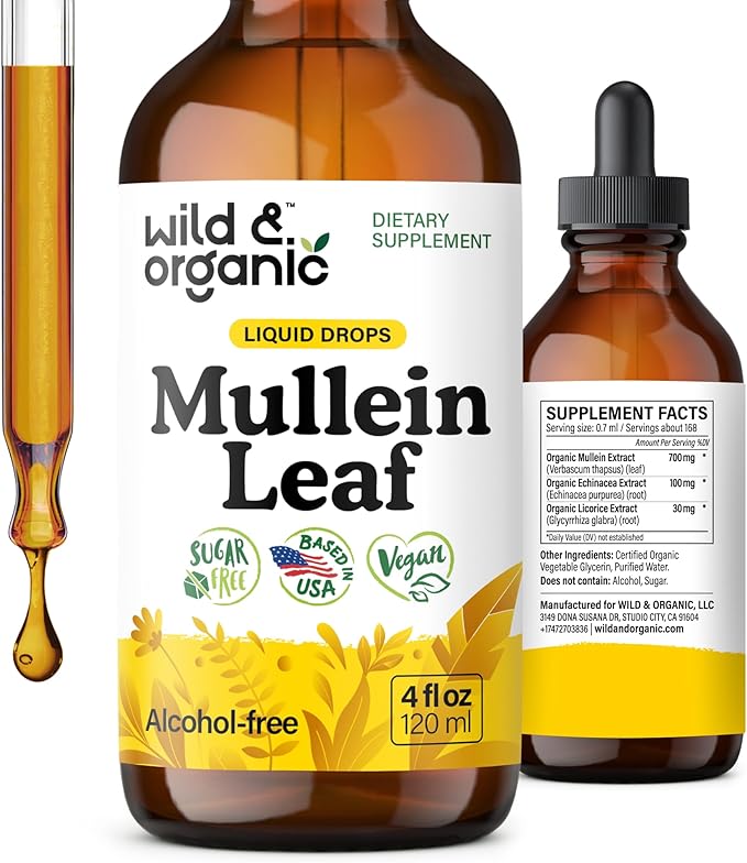 Wild &amp Organic Mullein Drops for Lungs - Herbal Cleanse and Detox - Liquid Mullein Leaf Extract for Lungs with Echinacea - Verbascum Thapsus Tincture - Vegan Sugar &amp Alcohol-Free Supplement -
