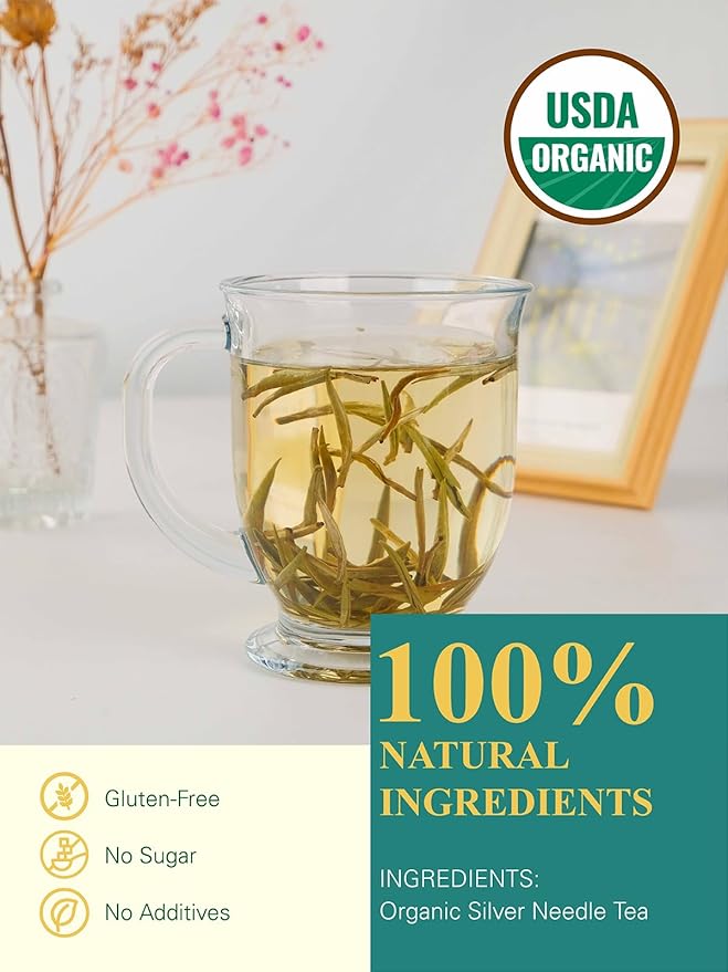 GLDNT Organic Silver Needle White Tea Premium Chinese Organic White Tea Loose Leaf Low Caffeine Delicate &amp Smooth Flavor 3.5oz