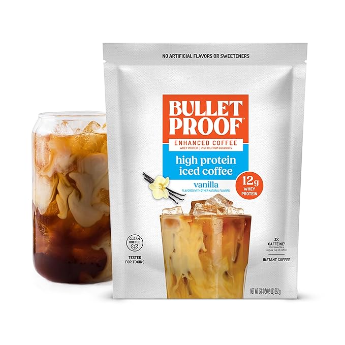 Bulletproof Iced Protein Coffee Vanilla 12g Whey Protein + MCT Oil 170mg Caffeine Instant Coffee from Real Beans Tested for Toxins No Artificial Flavors &amp Sweeteners 14 Servings