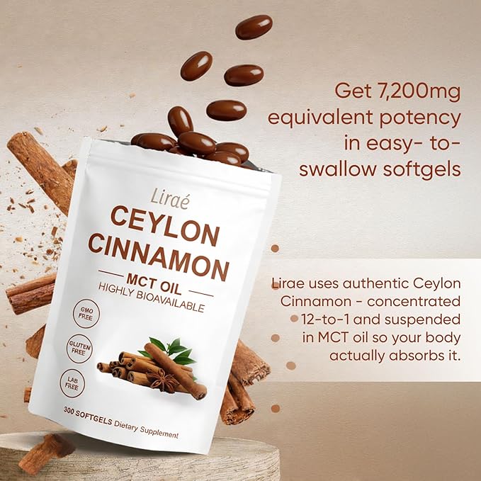 LIRAE Ceylon Cinnamon Soft Gels - 300 Softgels with Mct Oil Extra Strength Cinnamon Supplements Antioxidant Support Non-GMO Gluten Free (1)