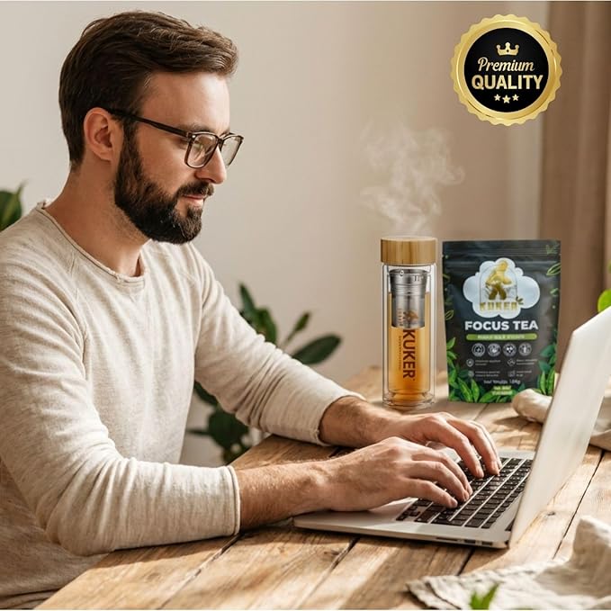 KUKER Focus Tea Loose Leaf 100g – Ashwagandha Brain Boost Herbal Mix with Green Tea Brahmi Ashwagandha &amp Rosemary – Natural Nootropic for Mental Clarity &amp Concentration