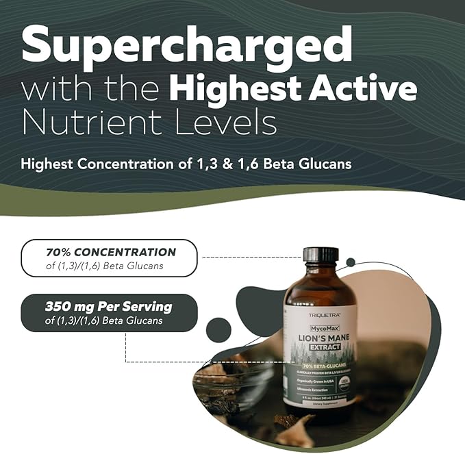 MycoMax Lions Mane Extract - 70% Beta Glucans Max Potency Organic Lions Mane Supplement US Grown + Ultrasonic Extraction - 500 mg per serving - Mental Clarity Focus and Memory - 8 oz.
