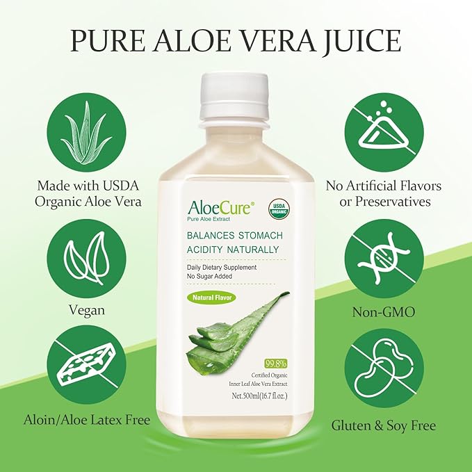AloeCure USDA Organic Aloe Vera Juice Made Within 12 Hrs of Harvest - Pure Aloe Juice Natural Digestive Supplement to Support Digestion Immune System and Balanced Stomach Acidity 4 x 500ml Bottles