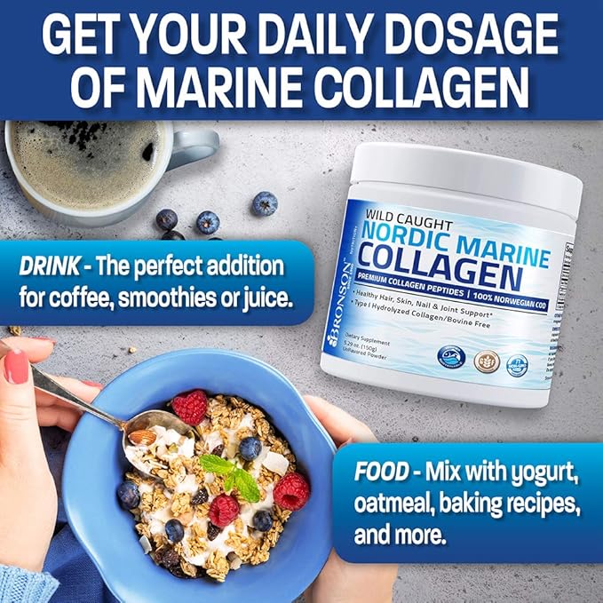 Bronson Marine Collagen Peptides Hydrolyzed Protein Powder 100% Wild Caught Nordic Cod Verified Sustainable Source for Joints Skin Hair Nails &amp Bones 150g (5.29oz)