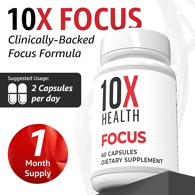 10X Health Focus Rhodiola Rosea - Brain Supplements for Memory and Focus - 60 Capsules Focus Supplement Memory Supplement for Brain Health with Ginkgo Biloba Huperzine A - Ginkgo Biloba Capsules