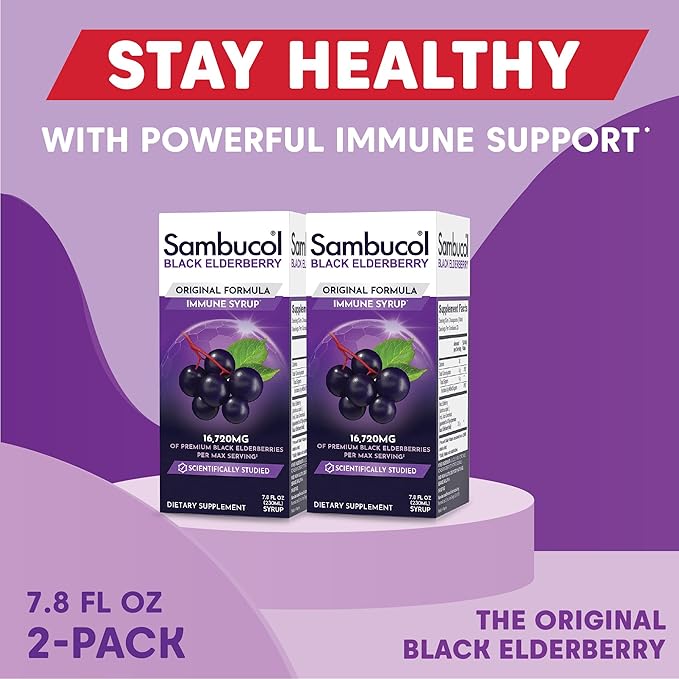 Sambucol Black Elderberry Syrup - Black Elderberry Liquid Immune Support for Kids and Adults High Antioxidants Gluten Free - Original Formula - 7.8 Fl Oz 2-Pack