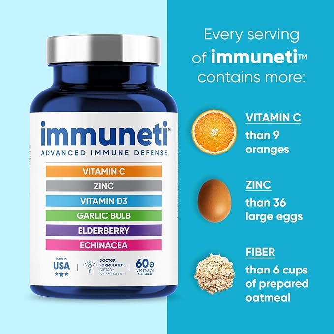 Immuneti Advanced Immune Support – Doctor Formulated 6-in-1 Daily Immunity Supplement – Made in USA – With Vitamin C D3 Zinc Elderberry Garlic &amp Echinacea - Vital Nutrients &amp Antioxidants