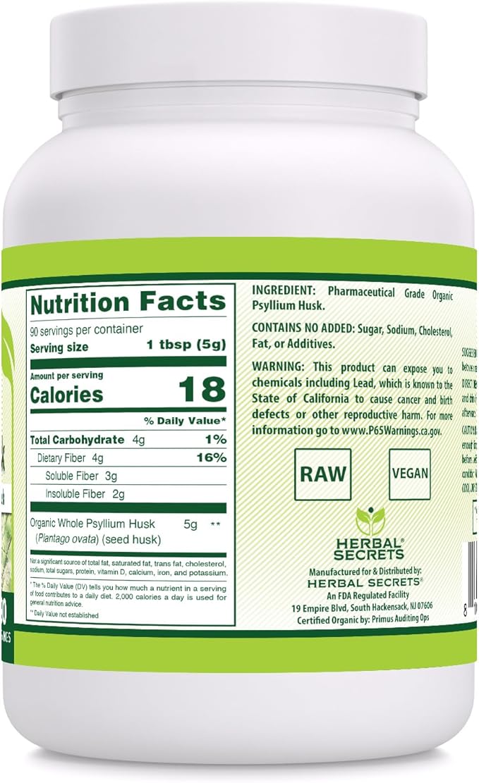 Herbal Secrets Whole Psyllium Husk Powder Supplement | 5 Grams per Serving | Non-GMO | Gluten-Free | Made in USA (16 Oz Pack of 1)