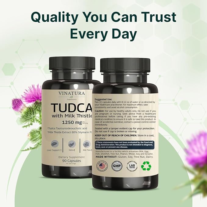 VINATURA TUDCA Milk Thistle 1250mg - Tudca Supplement Tudca Bile Salts Liver Support Gallbladder Supplements *USA Made and Tested* Bile Salts Supplement - 90 Capsules