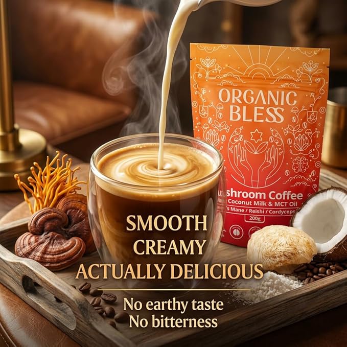 Organic Bless Instant Mushroom Coffee Powder – Organic Lion’s Mane Reishi &amp Cordyceps Blend for Energy Focus &amp Clarity – Adaptogenic Coffee with Coconut Milk &amp MCT Oil – 30 Servings