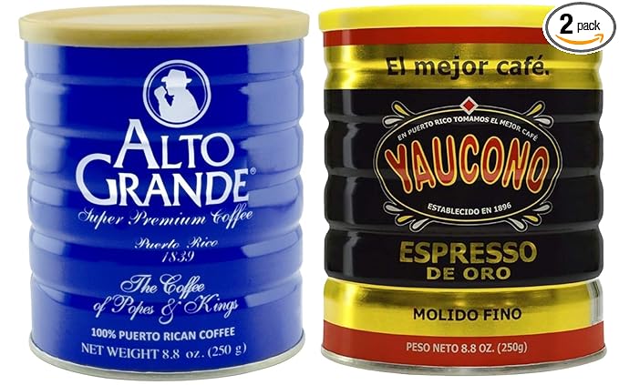 Alto Grande Super Premium Medium-Dark Roast Ground Coffee and Yaucono Espresso De Oro Dark Roast Fine Ground Coffee 8.8 Ounce Canisters Puerto Rico Variety Bundle