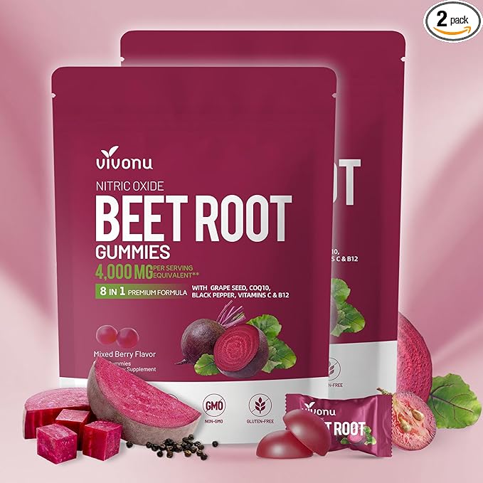 VivoNu Beet Root Gummies 8-in-1 Premium Energy Supplement with CoQ10 Beetroot Extract Grape Seed Extract Black Pepper Extract Vitamins C &amp B12 L-Arginine &amp L-Citrulline
