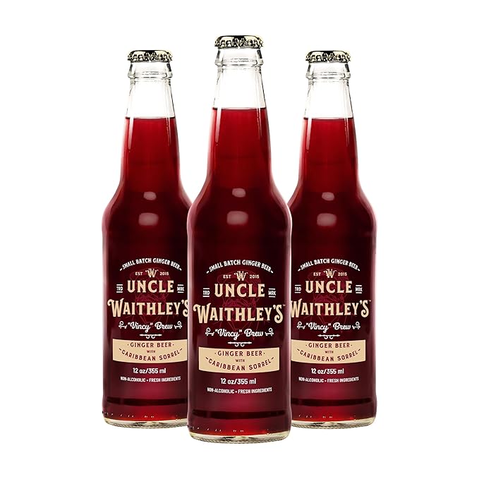 Uncle Waithley's Caribbean Ginger Beer with Hibiscus Mocktails Non-Alcoholic Drinks Ginger Beer Soft Drink Healthy Refreshing Non-Alcoholic Drinks and Beverages (12 Pack 355ml Each)