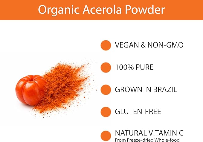KOYAH - Organic Acerola Powder: Freeze-Dried 100% Pure 500 mg Natural Vitamin C per Scoop Whole-Food Non-GMO Vegan 60 Servings Made from acerola Cherries Grown in Brazil
