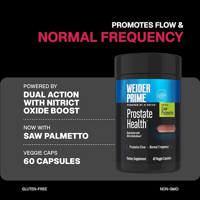 Weider Prime Prostate Health - Dual Action with Nitric Oxide Boost - Plant-Based Support for Prostate &amp Urinary Health - Men’s Wellness Formula with Flowens - Gluten-Free &amp Non-GMO - 60 Capsul