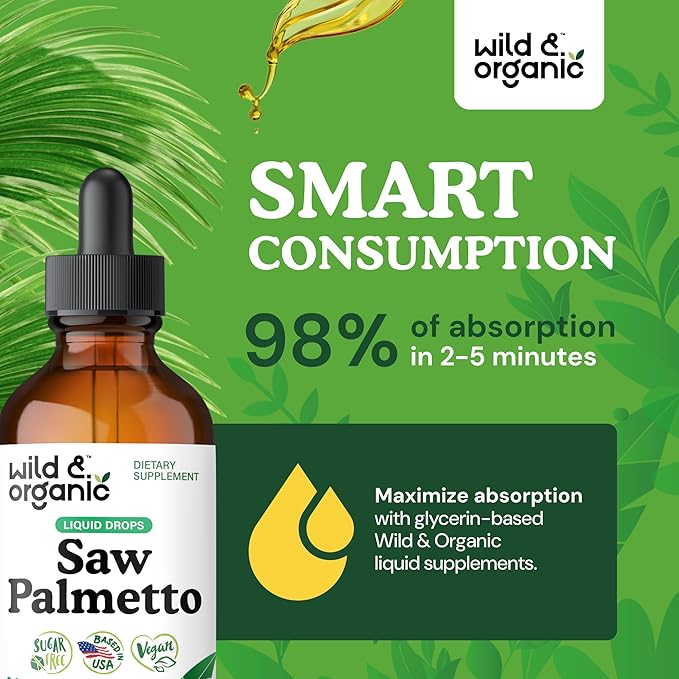 Wild &amp Organic Saw Palmetto for Men &amp Women - Urinary Tract &amp Hair Support - Saw Palmetto Extract Liquid Drops - Add to Tea - Serenoa Repens Berries Supplement - Vegan Sugar &amp Alcohol