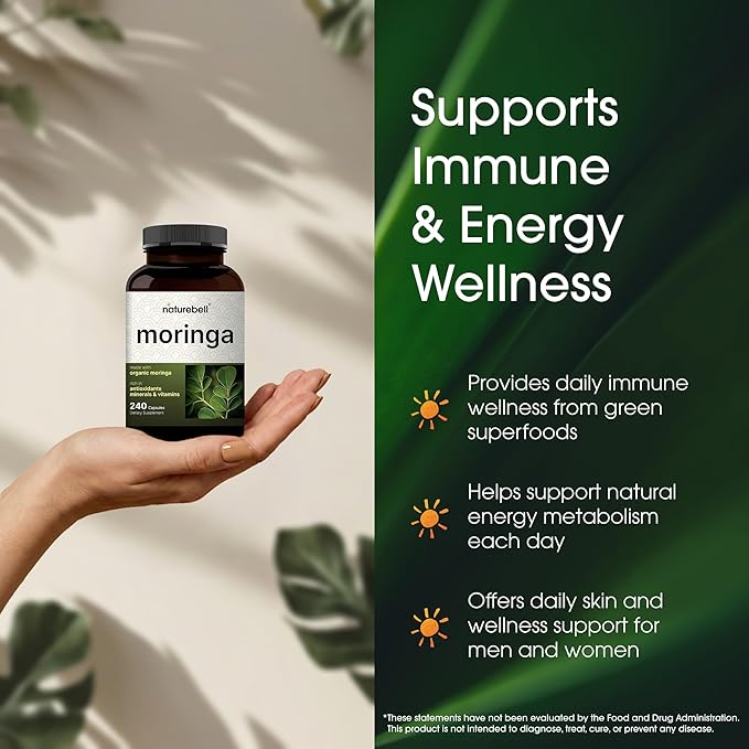 NatureBell Moringa - 240 Capsules - Organic Moringa for Immune Energy &amp Skin Health Support* - Green Superfood Properties