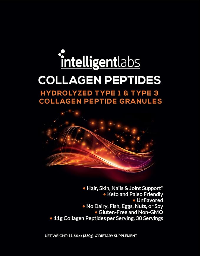 Intelligent Labs Hydrolyzed Type 1 and 3 Collagen Peptide Granules Collagen Powder Unflavored Keto and Paleo-Friendly Third-Party Verified For Purity 11g per Serving 30 Servings a Pouch