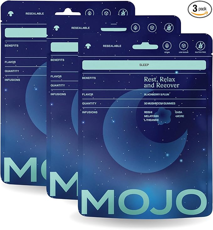 Mojo Sleep Gummies - Non-Habit Forming Sleep Aid - with Magnesium GABA Reishi Mushroom L-Theanine and Melatonin - Vegan Non-GMO - Black Berry and Plum Pack of 3 (90 Gummies)